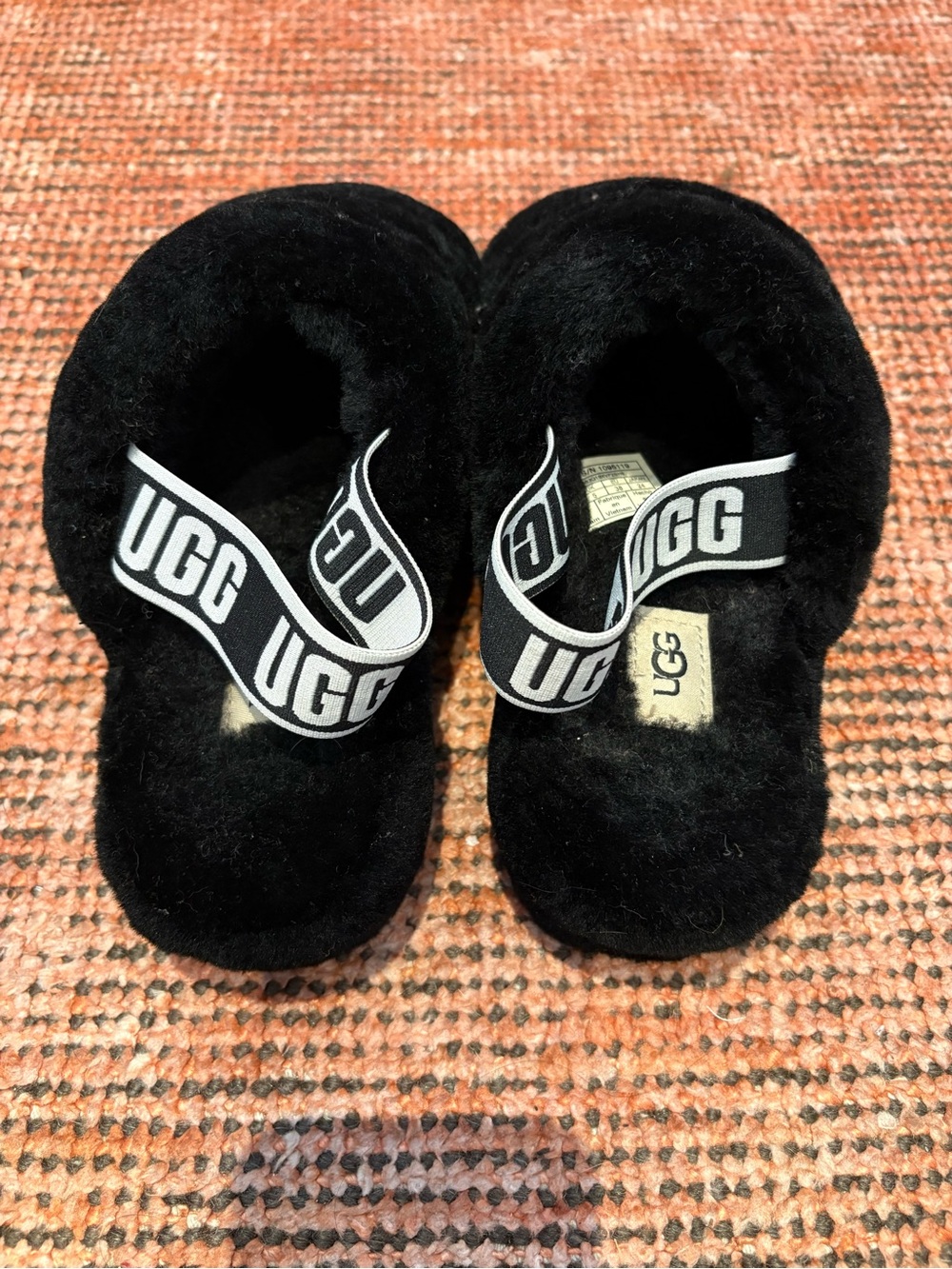 UGG Black Plush Shearling Slide with Branded Elastic Strap
